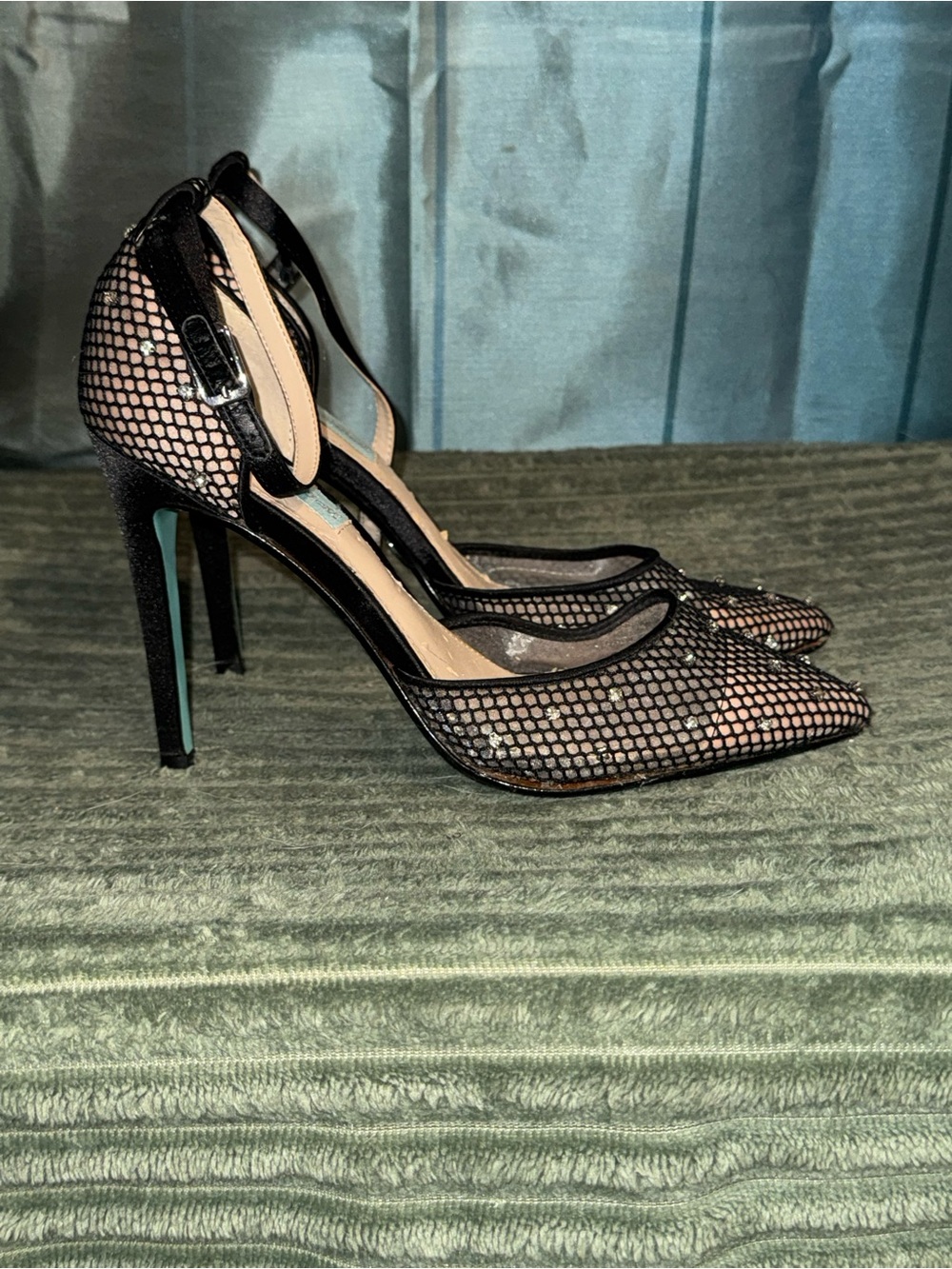 Betsey Johnson Black Mesh Pointed-Toe Stiletto Heels with Ankle Strap